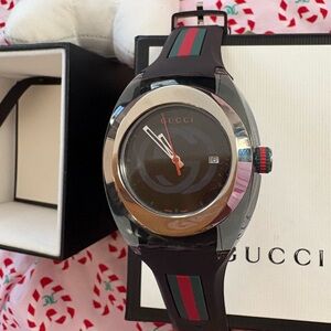 Gucci Black and Red Watch with Green Stripes